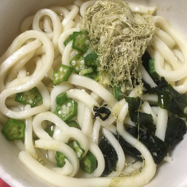 巣ごもり昼食 おくら、わかめ、とろろ昆布のうどん